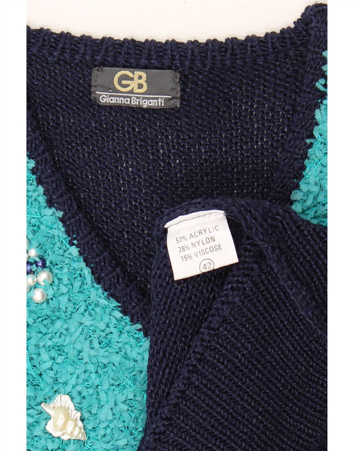 VINTAGE Womens V-Neck Jumper Sweater IT 42 Medium Navy Blue Colourblock Vintage Vintage and Second-Hand Vintage from Messina Hembry 