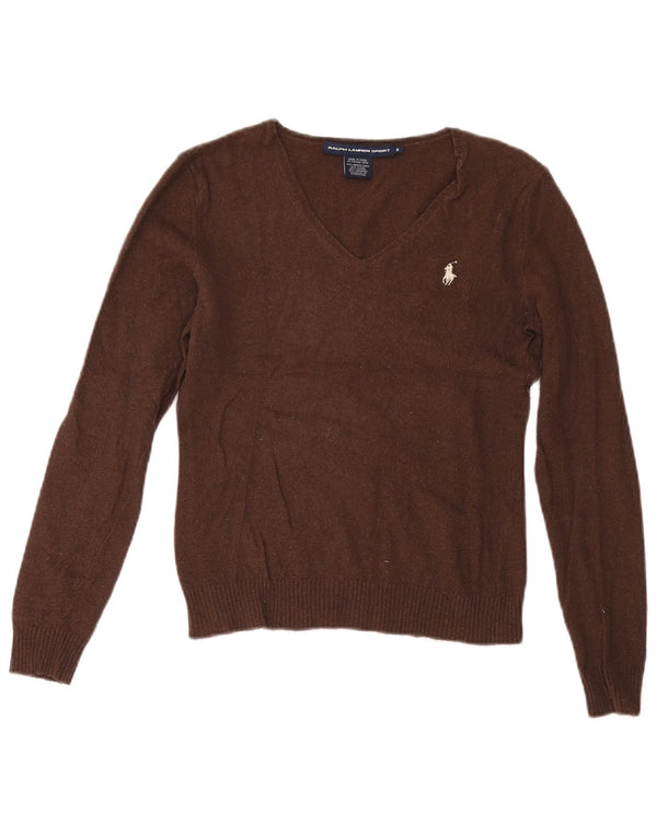 RALPH LAUREN Maglione corto da donna con scollo a V UK 12 Lana marrone medio