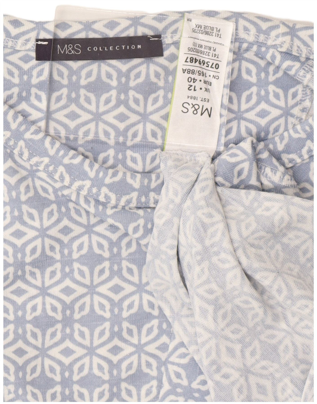 MARKS & SPENCER Top da donna manica 3/4 UK 12 Blu medio geometrico