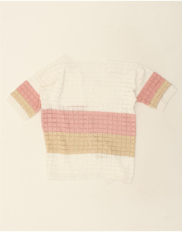 VINTAGE Womens Short Sleeve Crochet Cardigan Sweater UK 12 Medium Beige