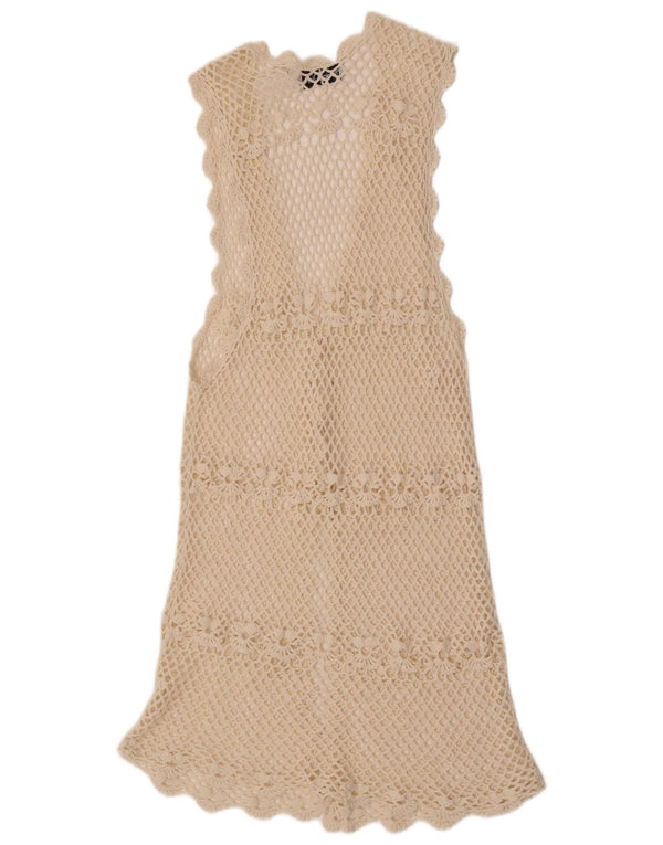 Top cardigan all'uncinetto senza maniche da donna vintage UK 14 grande bianco sporco
