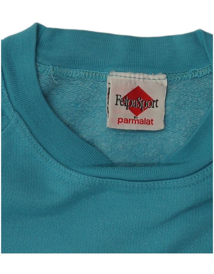 Felpa grafica da donna vintage maglione UK 14 cotone blu medio