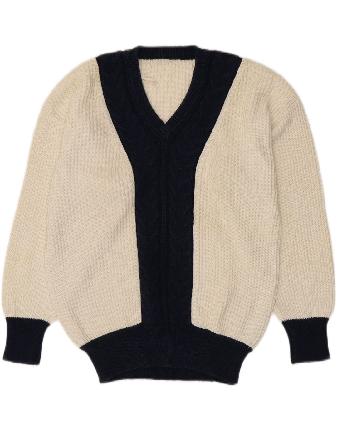 Maglione maglione con scollo a V da donna VINTAGE UK 16 Large White Colourblock