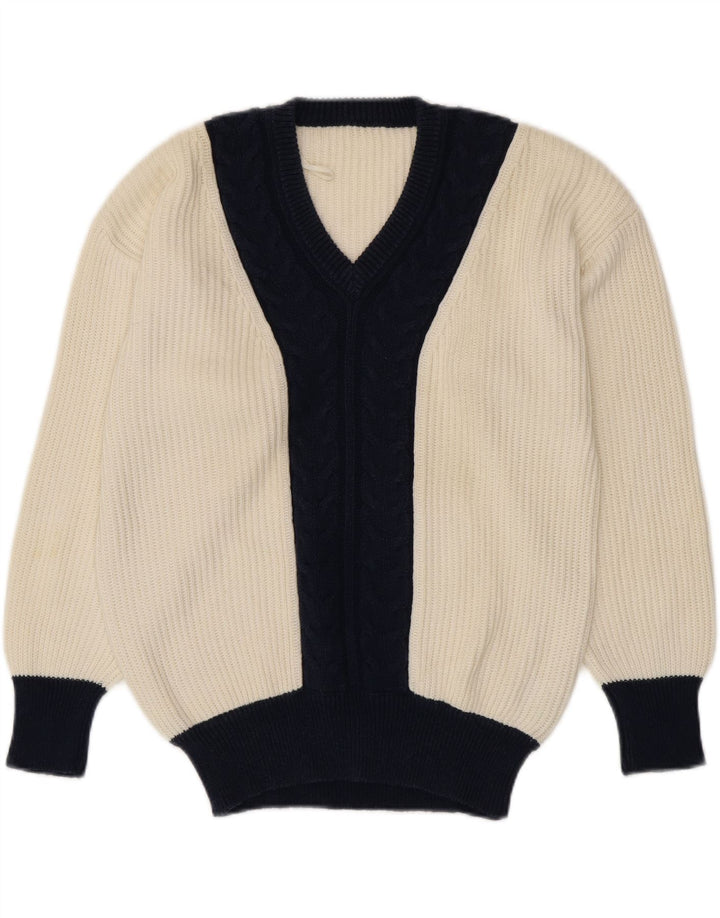 Maglione maglione con scollo a V da donna VINTAGE UK 16 Large White Colourblock