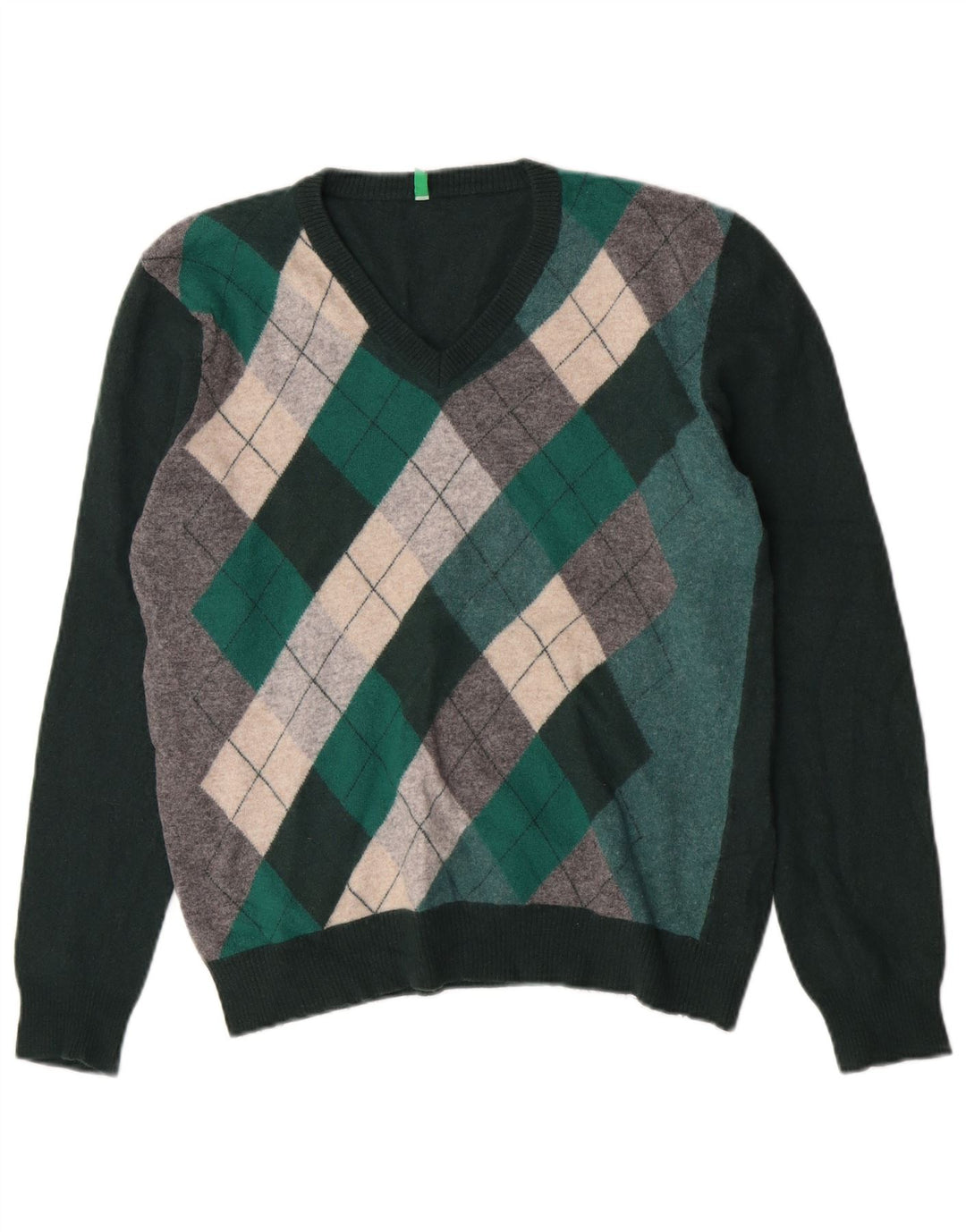 Maglione da donna con scollo a V Benetton UK 12 Verde medio Argyle/Diamante