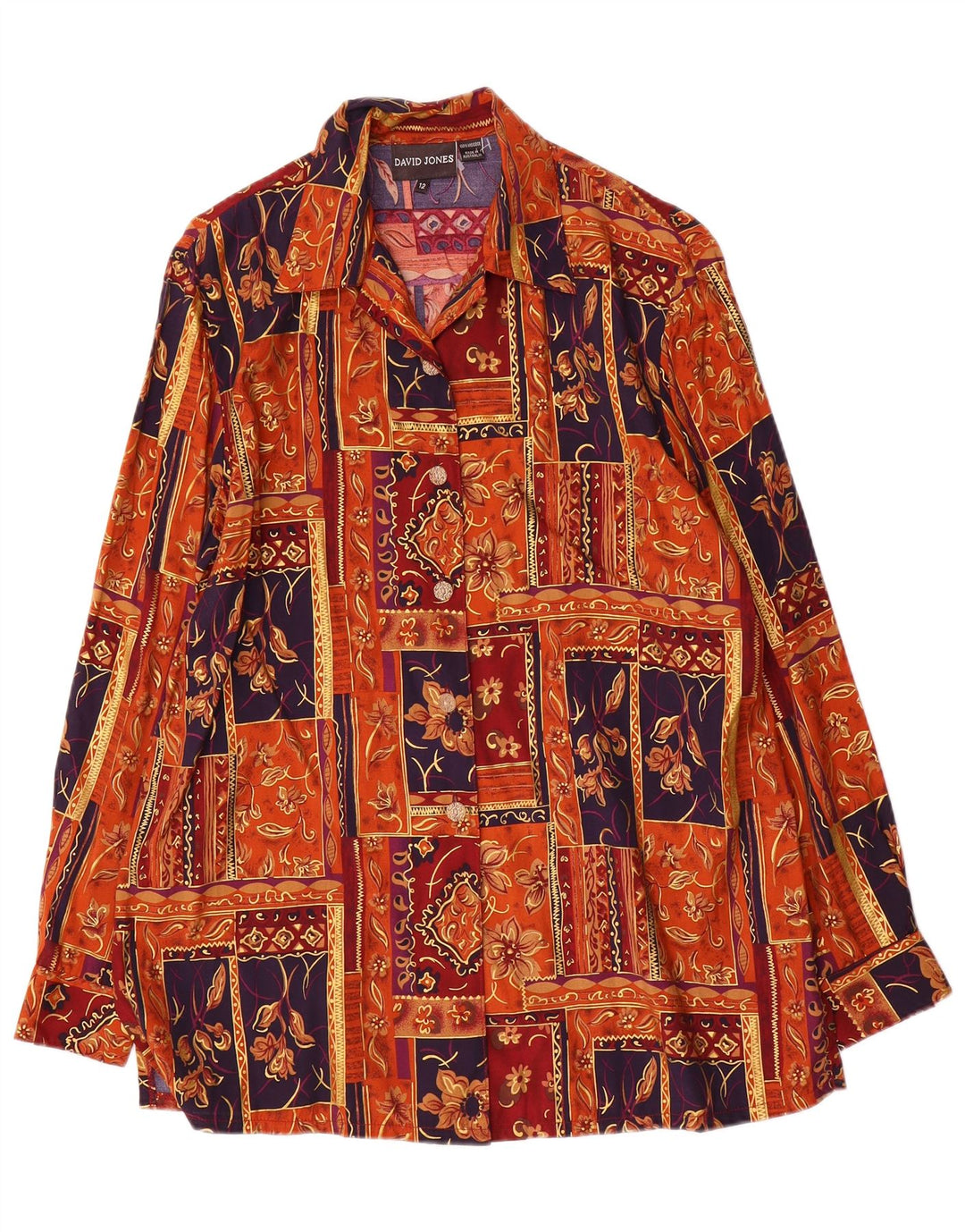 Camicetta camicia da donna David Jones US 12 grande viscosa patchwork multicolore