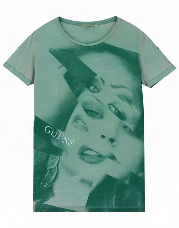 Guess T-shirt grafica da donna Top UK 6 XS Verde Poliestere