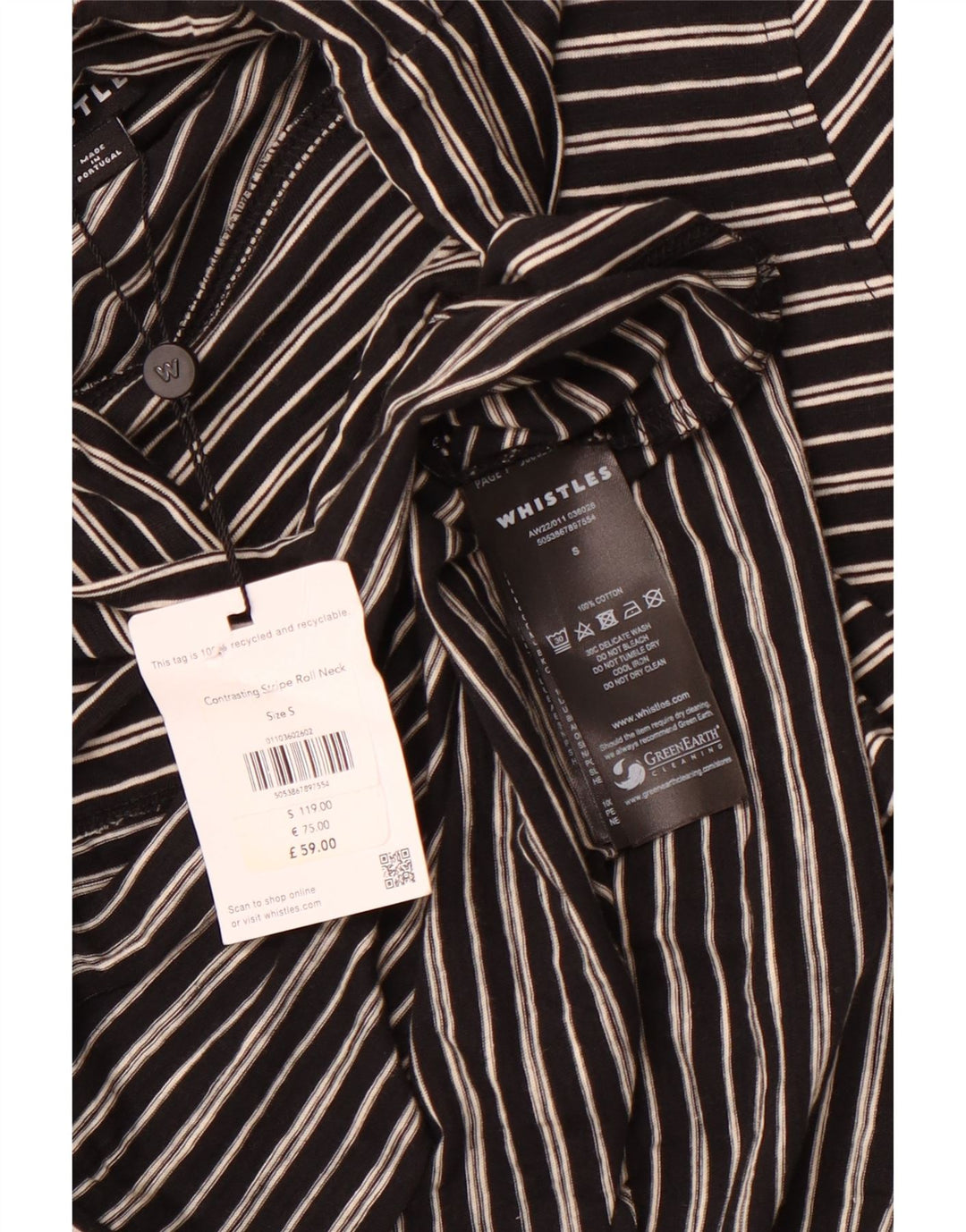 WHISTLES Top da donna con collo alto a maniche lunghe UK 10 piccolo cotone a righe nere