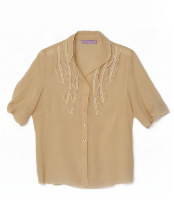 Camicia vintage da donna a maniche corte con volant sul davanti UK 12 Beige medio