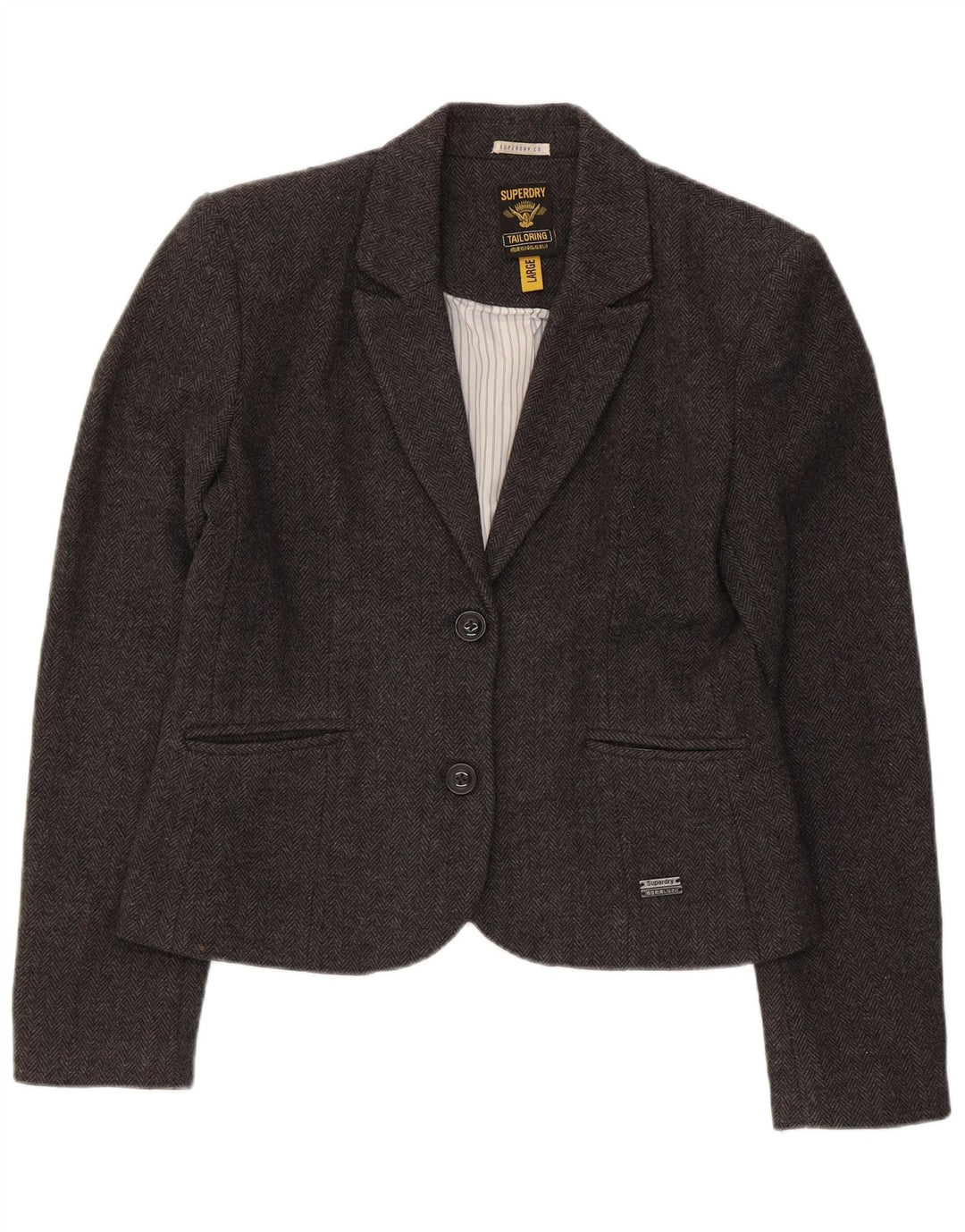Giacca blazer da donna a 2 bottoni Superdry UK 14 grande lana a spina di pesce grigia