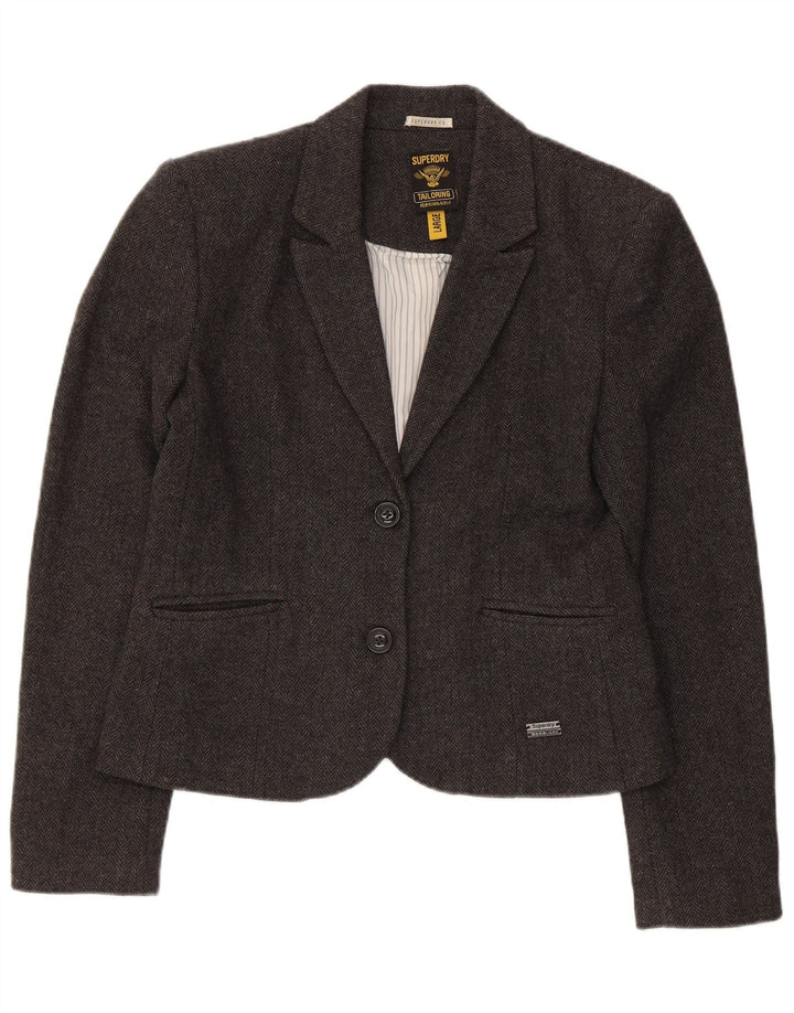 Giacca blazer da donna a 2 bottoni Superdry UK 14 grande lana a spina di pesce grigia