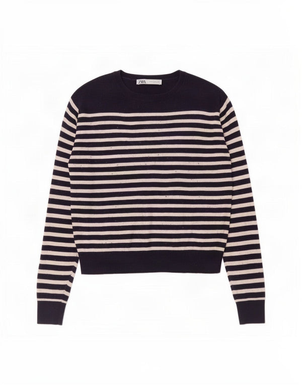 Maglione corto con scollo a barca da donna Zara UK 14 medio a righe blu navy