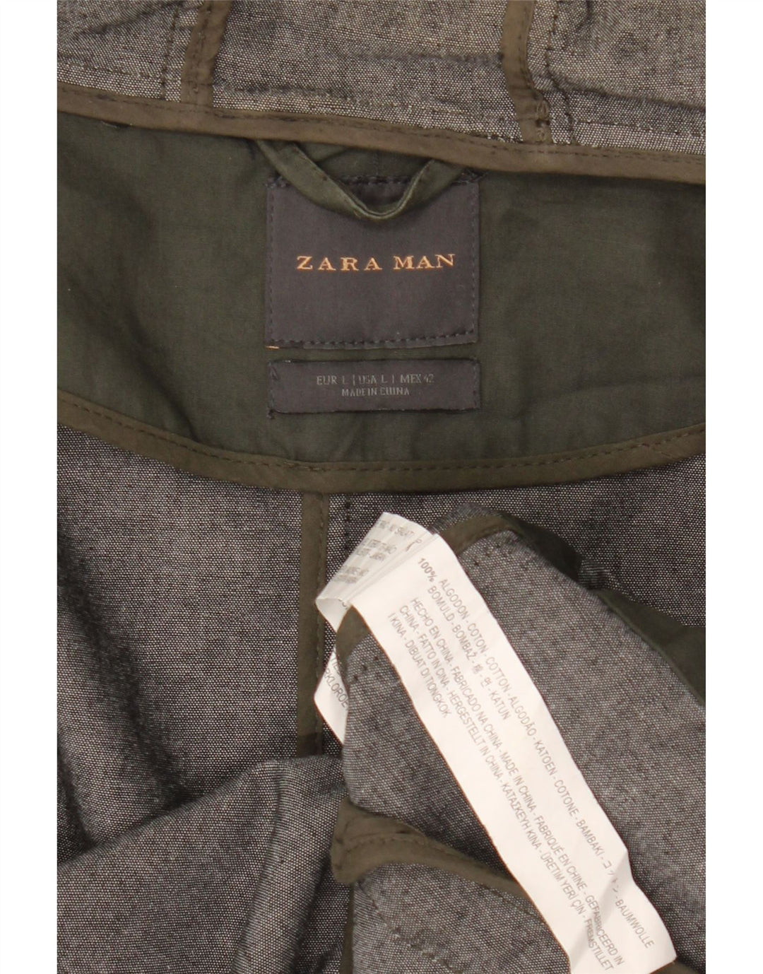 Giacca Parka con cappuccio da uomo Zara UK 40 grande cotone kaki