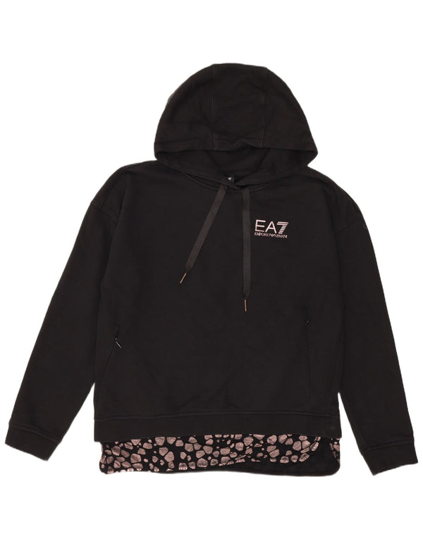 Felpa con cappuccio da donna Emporio Armani UK 10 piccola stampa animalier nera