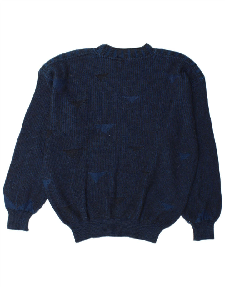 Maglione maglione girocollo da uomo vintage grande blu navy geometrico