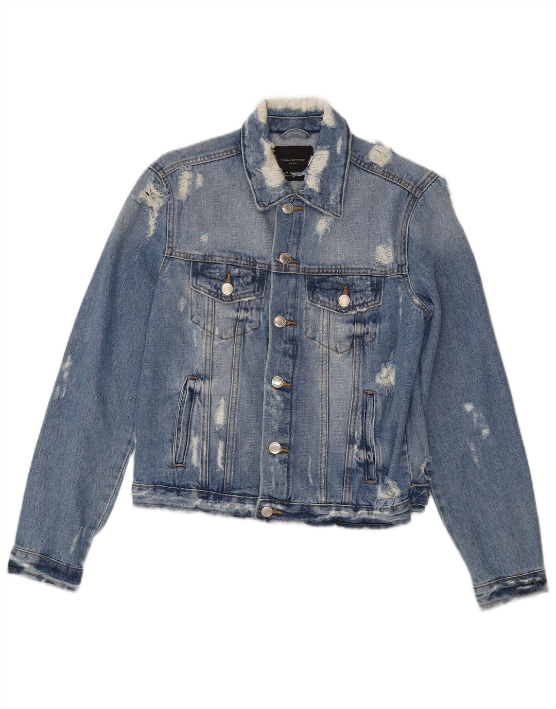 Giacca in denim effetto invecchiato corto da donna Zara UK 12 cotone blu medio