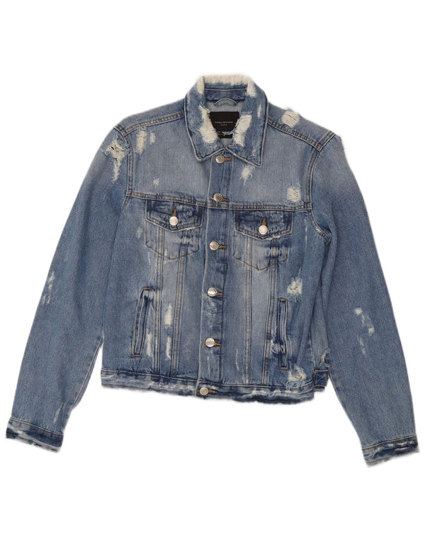 Giacca in denim effetto invecchiato corto da donna Zara UK 12 cotone blu medio