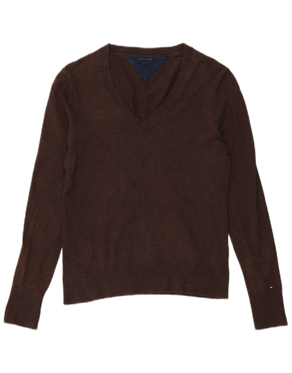 Maglione maglione con scollo a V da donna Tommy Hilfiger UK 14 grande cotone marrone
