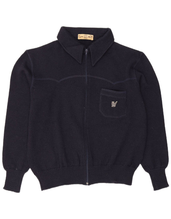Maglione cardigan con zip intera da uomo vintage grande lana blu navy