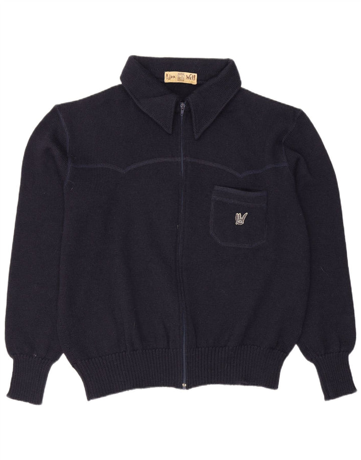 Maglione cardigan con zip intera da uomo vintage grande lana blu navy