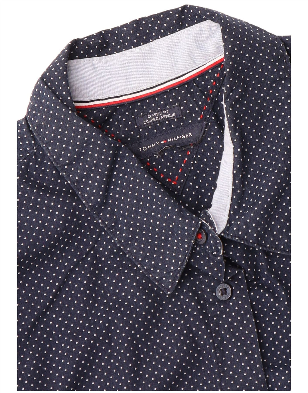 TOMMY HILFIGER Womens Classic Fit Shirt Small Navy Blue Polka Dot Classic