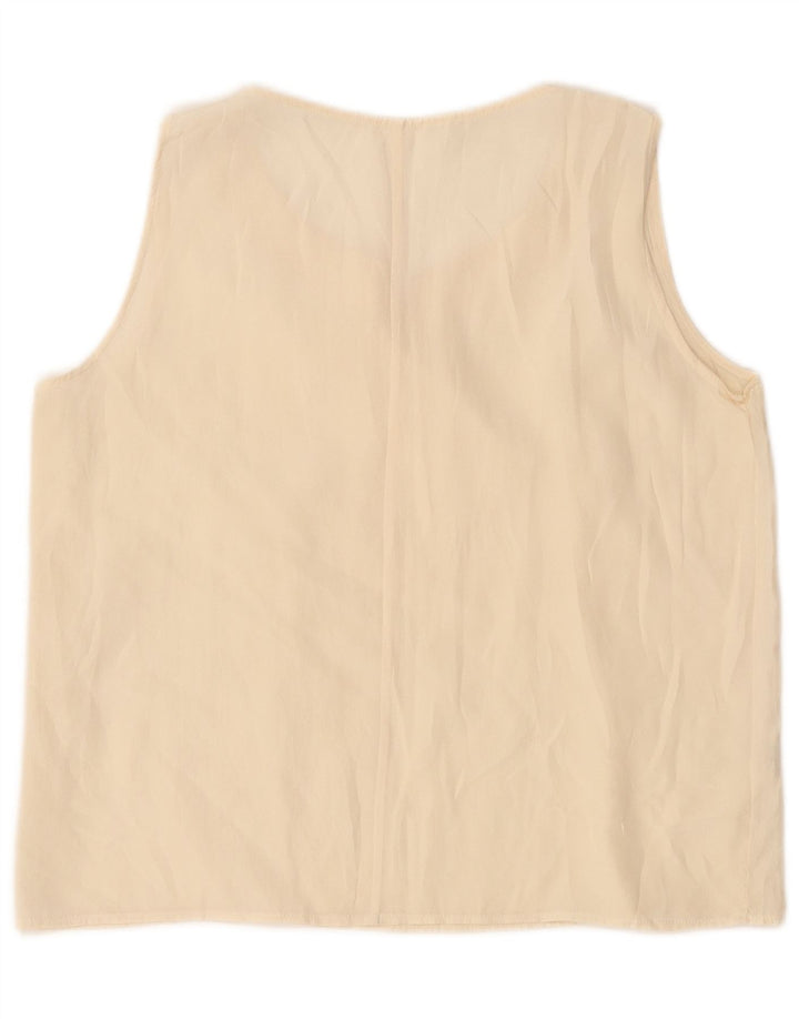 Camicetta senza maniche corta da donna vintage UK 14 grande seta bianco sporco