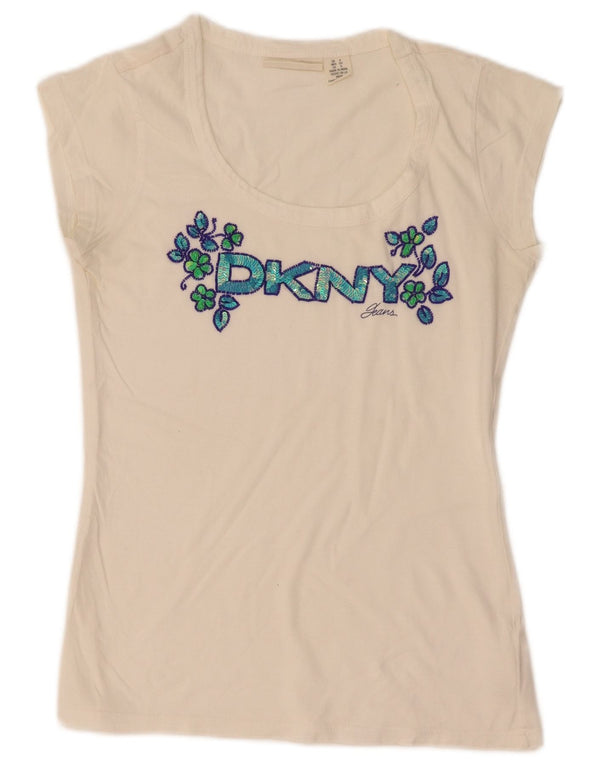 T-shirt grafica da donna Dkny Top UK 8 piccolo cotone floreale bianco