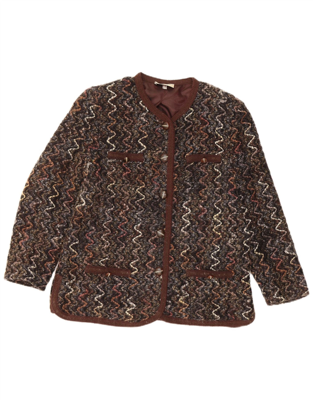 Giacca blazer a 5 bottoni da donna Maglificio UK 16 Large Brown Chevron Wool