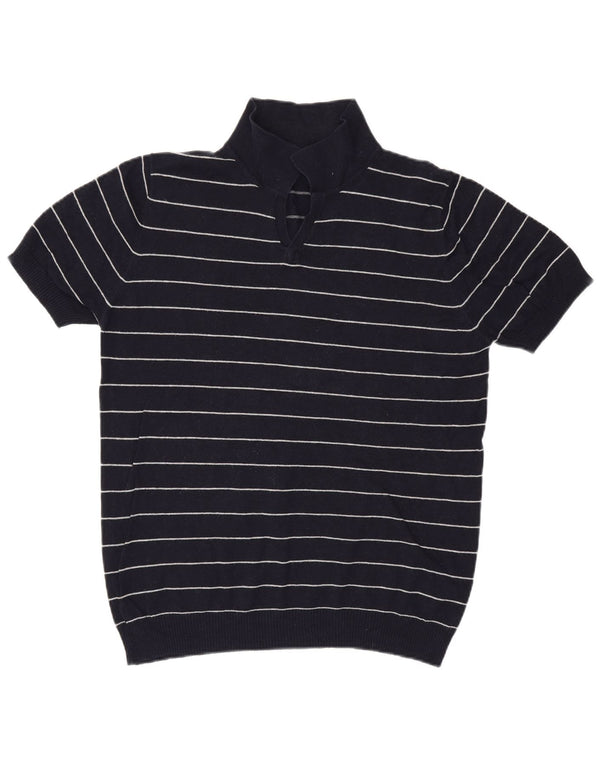 Zara Mens Short Sleeve Polo Neck Jumper Sweater Large Navy Blue Striped