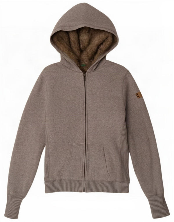 Benetton Maglia con cappuccio e zip sherpa da donna UK 16 Large Grey Cotton