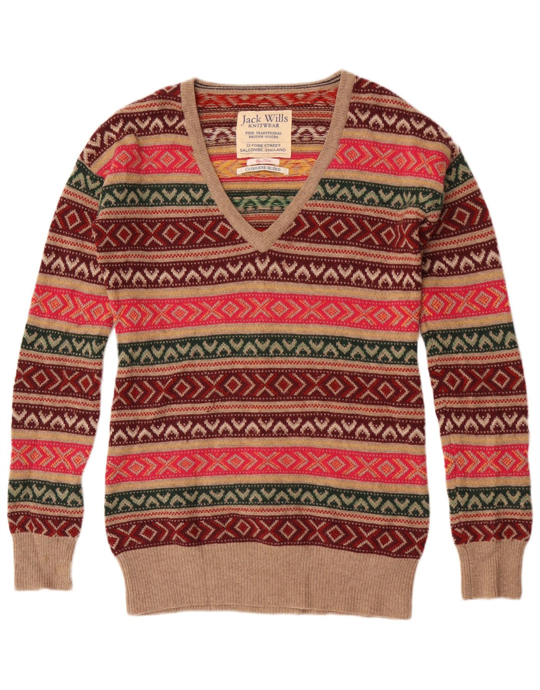 Maglione maglione con scollo a V da donna Jack Wills UK 12 medio multicolore