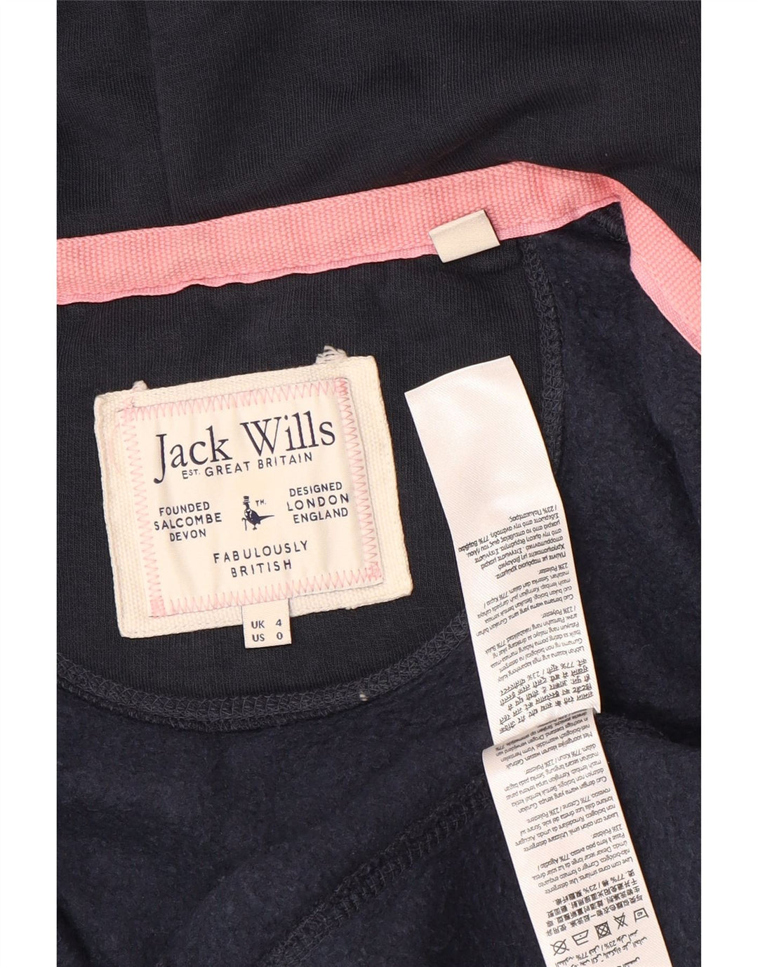 JACK WILLS Maglione con cappuccio e zip da donna UK 4 XS Cotone blu navy
