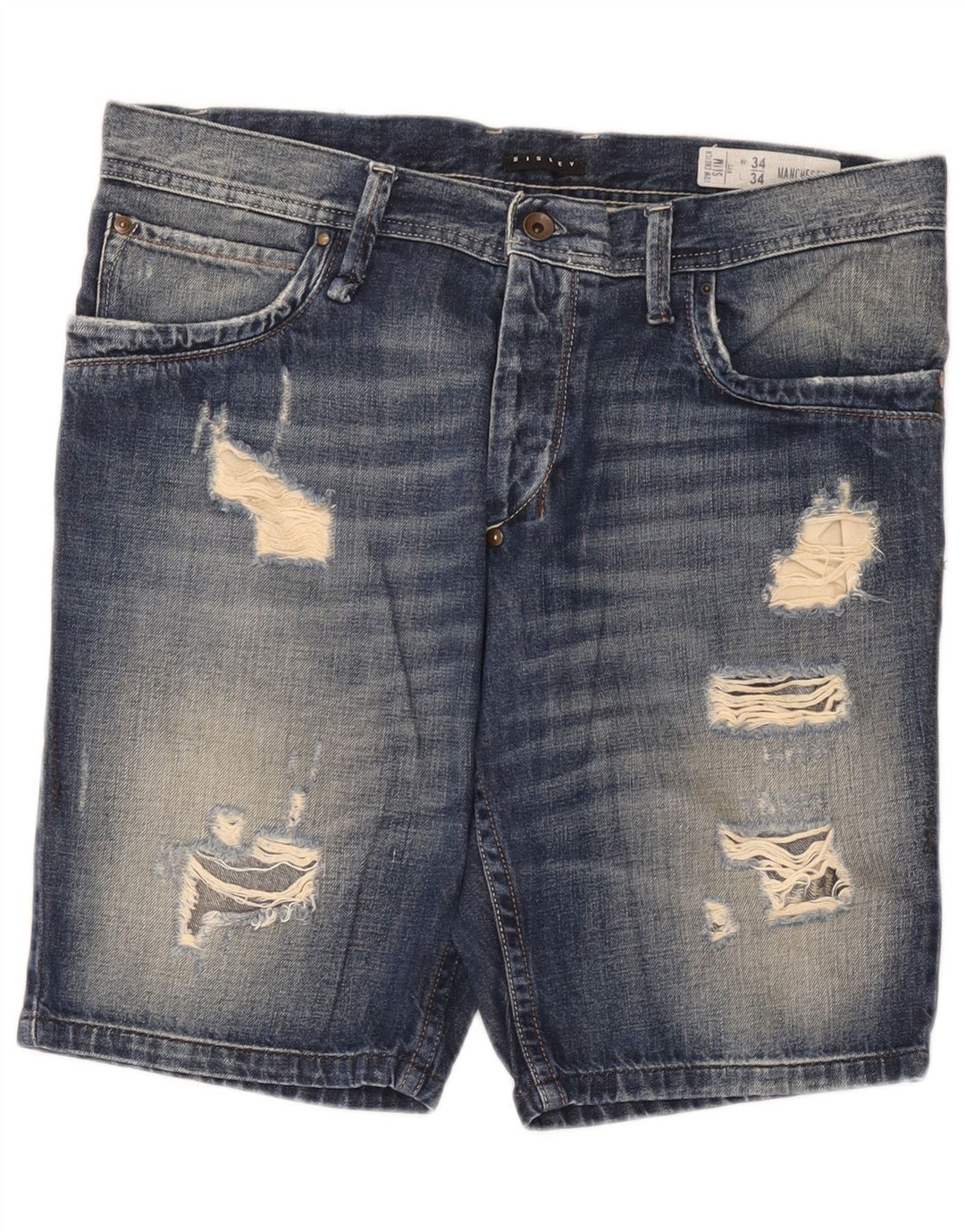 Pantaloncini di jeans invecchiati da uomo Sisley W34 grande cotone blu
