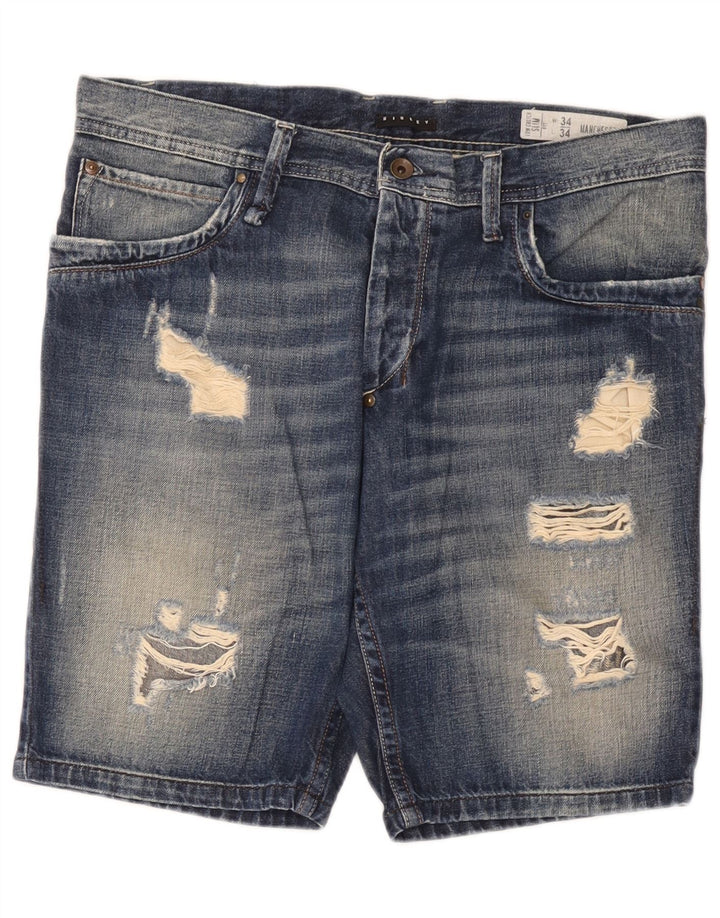 Pantaloncini di jeans invecchiati da uomo Sisley W34 grande cotone blu
