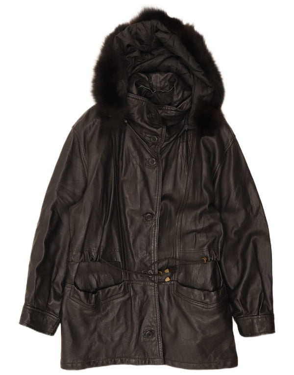 Cappotto oversize in pelle vintage con cappuccio da donna IT 42 medio nero