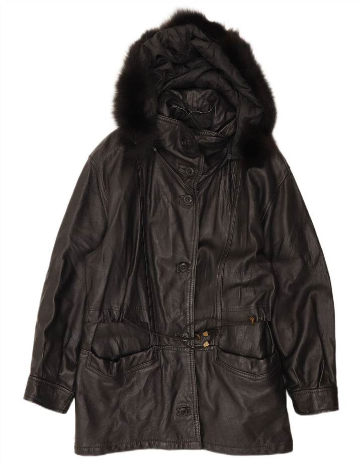 Cappotto oversize in pelle vintage con cappuccio da donna IT 42 medio nero
