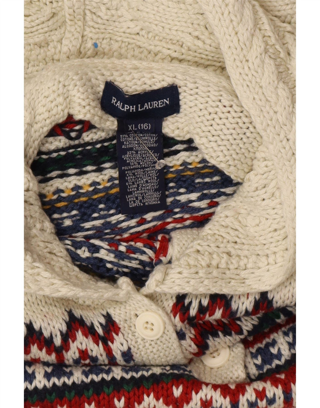 RALPH LAUREN Maglione con cappuccio per ragazze 15-16 anni XL Cotone Fair Isle bianco