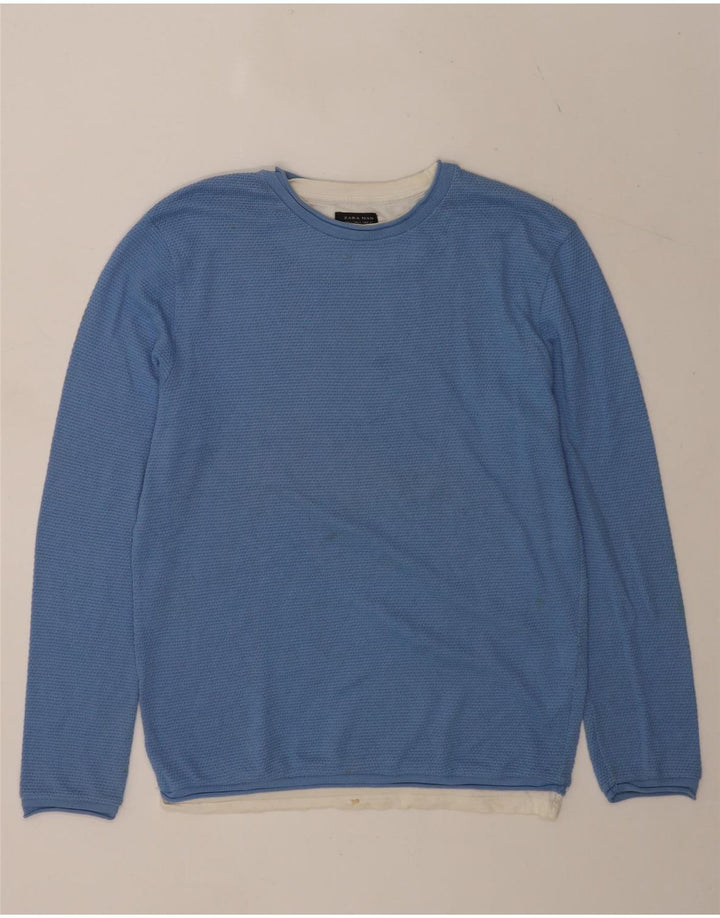 Maglione maglione girocollo da uomo Zara grande in cotone color block blu
