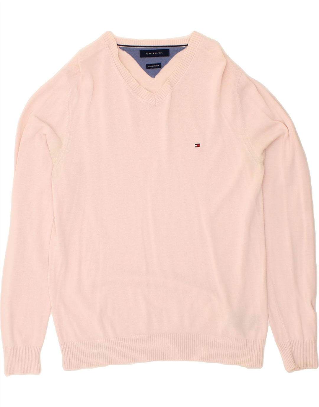 TOMMY HILFIGER Mens V-Neck Jumper Sweater Small Pink Cotton Vintage Tommy Hilfiger and Second-Hand Tommy Hilfiger from Messina Hembry 