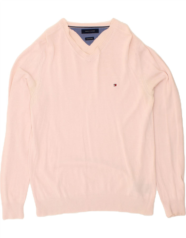 TOMMY HILFIGER Mens V-Neck Jumper Sweater Small Pink Cotton Vintage Tommy Hilfiger and Second-Hand Tommy Hilfiger from Messina Hembry 