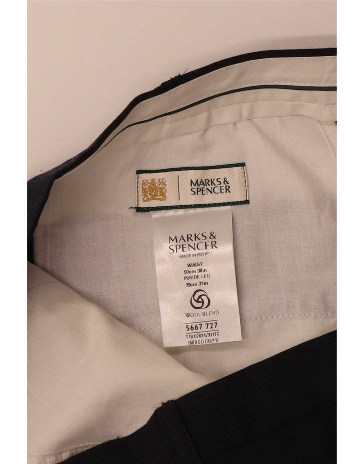 Pantaloni da abito dritti da uomo Marks & Spencer W38 L31 poliestere blu navy