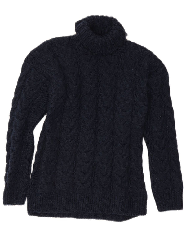 Maglione maglione vintage da donna con collo alto UK 16 grande blu navy
