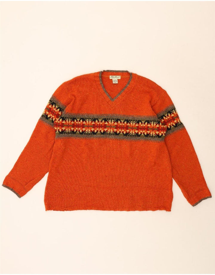 Eddie Bauer Mens V-Neck Jumper Sweater Medium Orange Fair Isle Wool