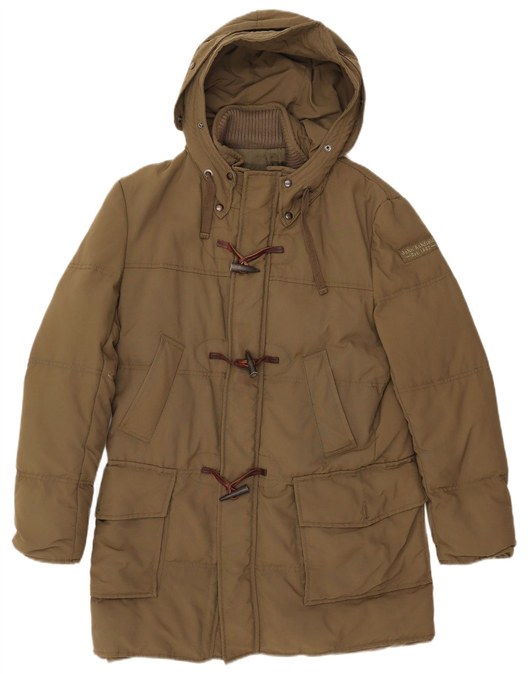 JOHN ASHFIELD Cappotto imbottito con cappuccio da uomo UK 36 Piccolo nylon kaki