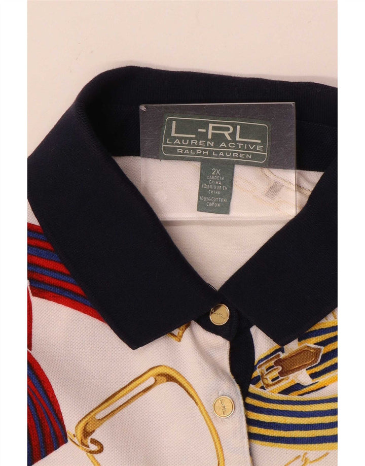 Polo Ralph Lauren da donna con motivo astratto da equitazione 2XL in cotone bianco