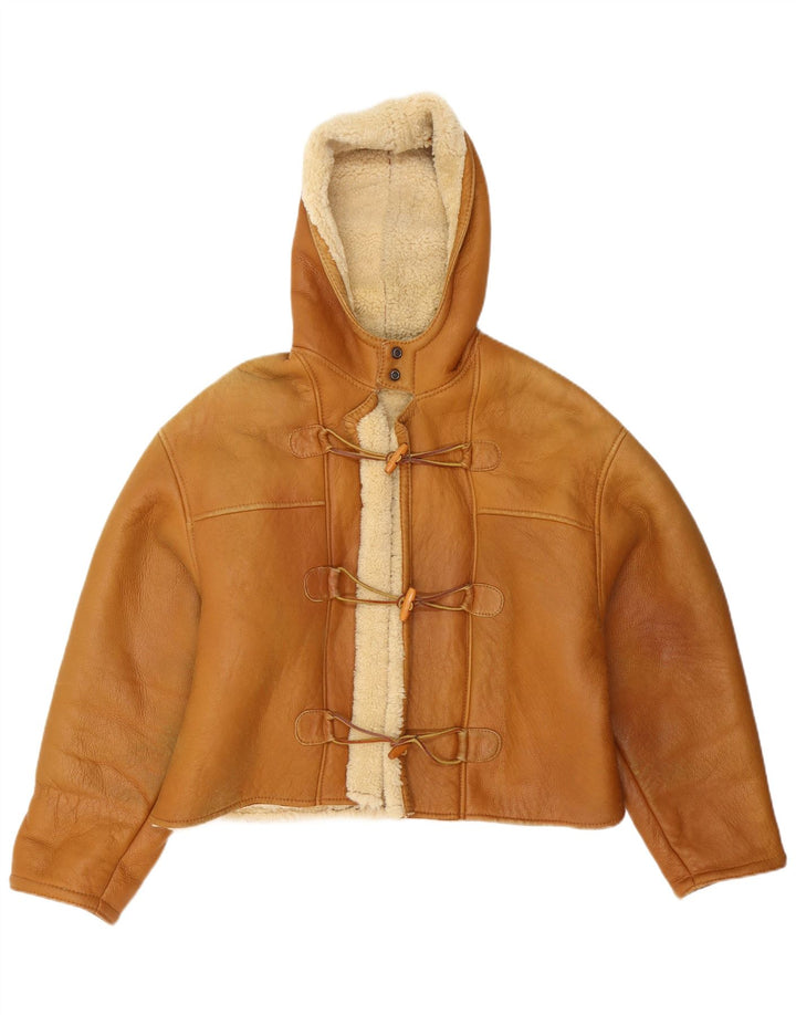 Montgomery da donna vintage in montone con cappuccio UK 16 grande marrone
