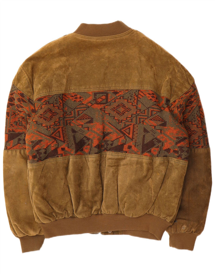 Giubbotto bomber in pelle scamosciata vintage da uomo UK 44 2XL Cachi geometrico