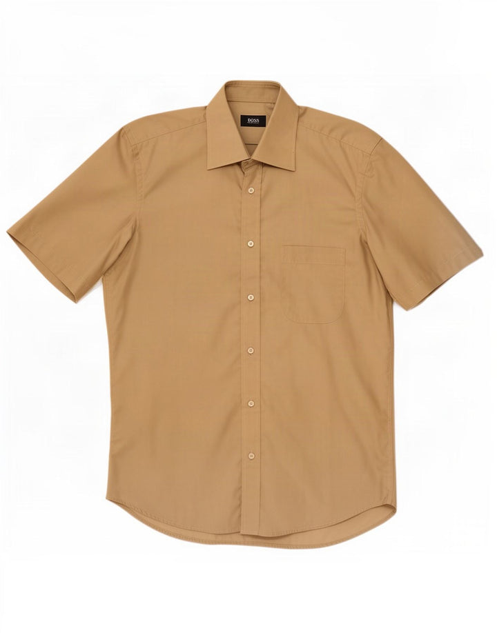 Camicia a maniche corte da uomo Hugo Boss taglia 39 15 1/2 cotone beige medio