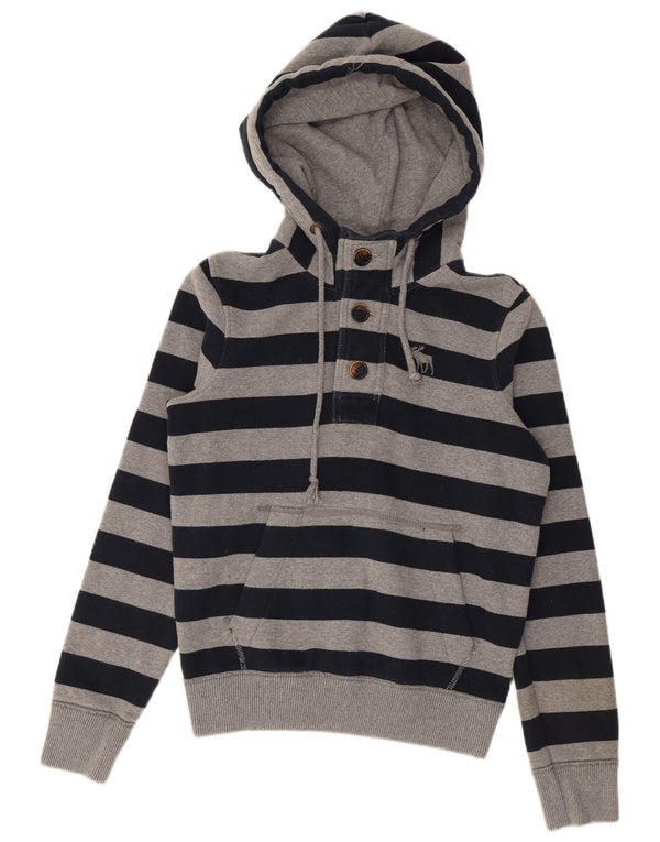 ABERCROMBIE & FITCH Maglione da uomo con cappuccio e collo con bottoni, piccolo grigio a righe