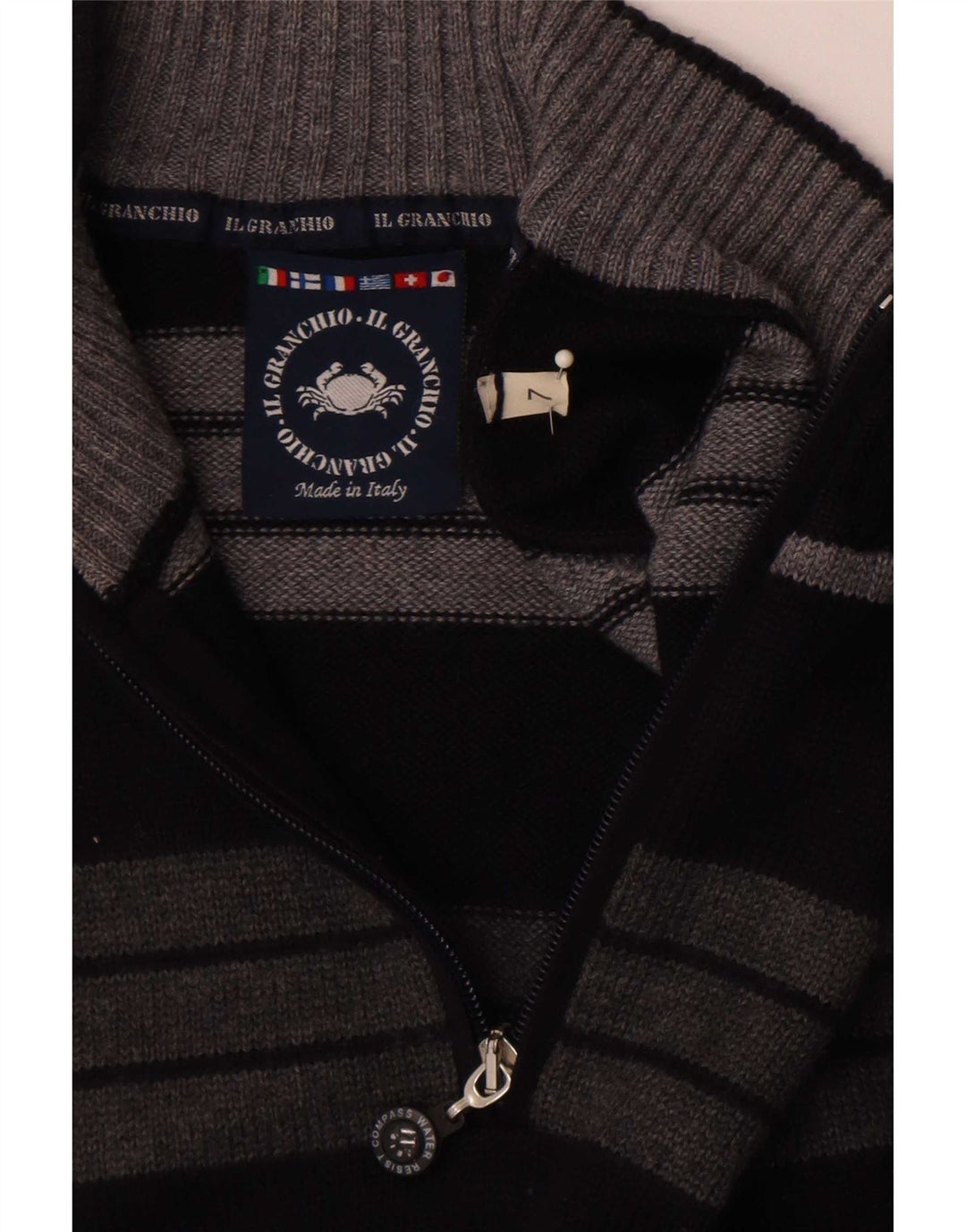 Maglione da uomo con zip e collo Il Granchio, a righe grandi blu navy